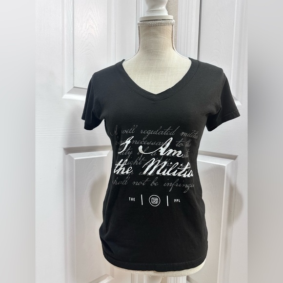Black Pew Pew Life I am Militia V-Neck Women's Top size M - Picture 1 of 5